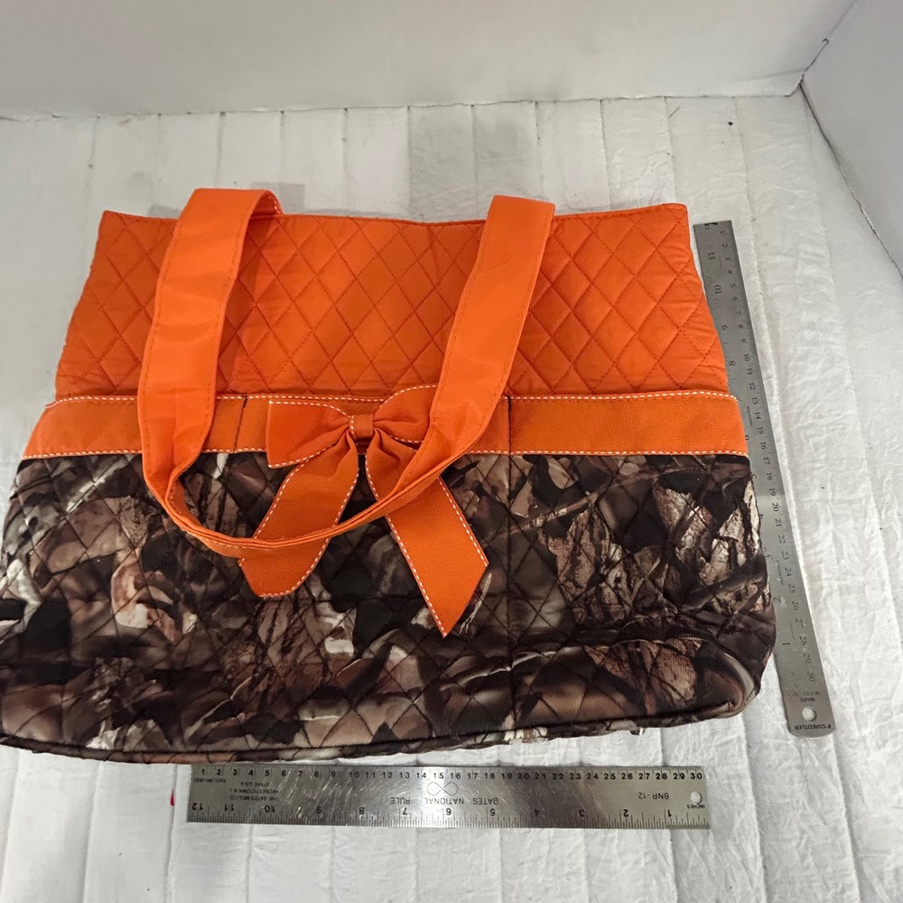 N. Gil Quilted Camo Tote Bag Orange Bow Tree Bark Print Gingham Lining Zipper